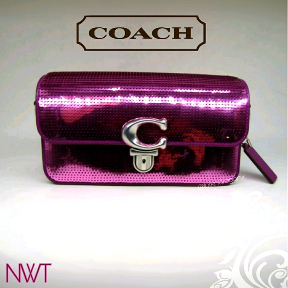 NWT Coach Hot Pink Magenta Sequin Baguette Clutch Crossbody Wristlet Party Dress